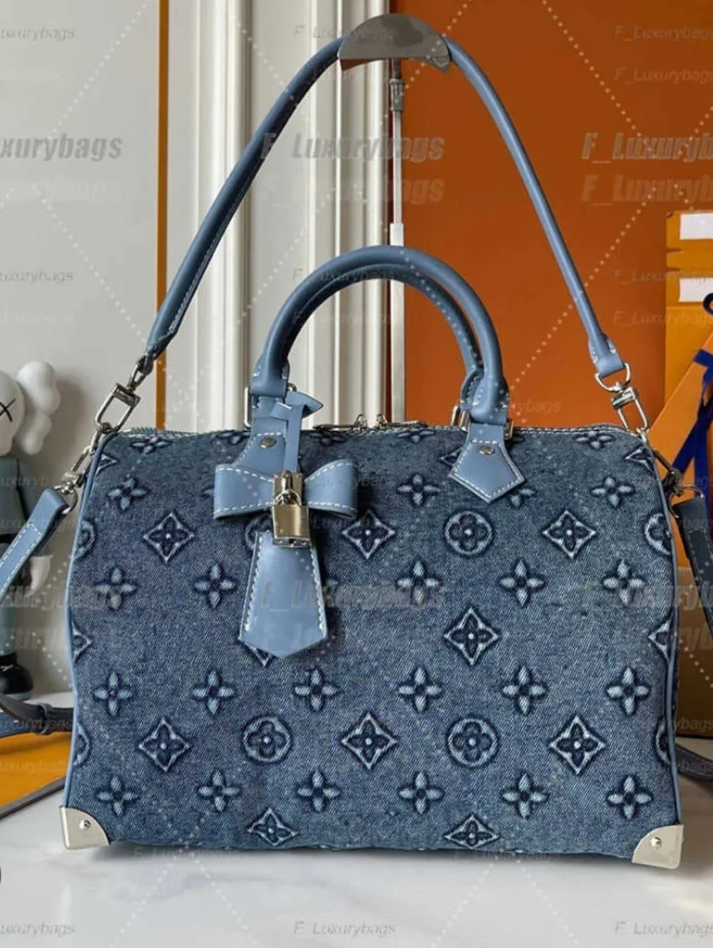 Cotton Denim Deluxe Monogram 30 Pillow Large Tote with Light Blue Leather Trim - Picture 7 of 16